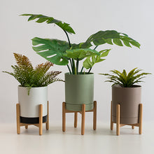 Cargar imagen en el visor de la galería, Maceta Ray taupe con pedestal madera