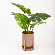 Cargar imagen en el visor de la galería, Maceta Ray taupe con pedestal madera